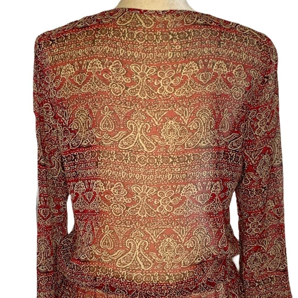 Womens Top Sheer Multicolored Henley V Neck Tie Large - Picture 6 of 6